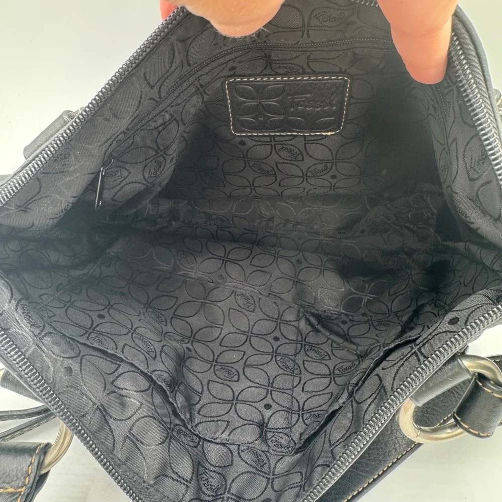 Fossil Black Pebbled Leather Shoulder Bag Contrast Stitch Hobo Purse ZB9384
